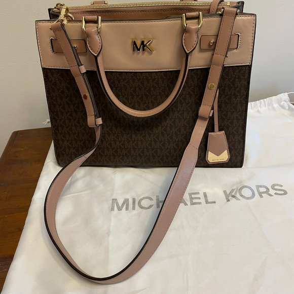 Michael Kors Reagan Large Satchel Signature Brown Soft Pink Fawn Coated Twill - Picture 6 of 11